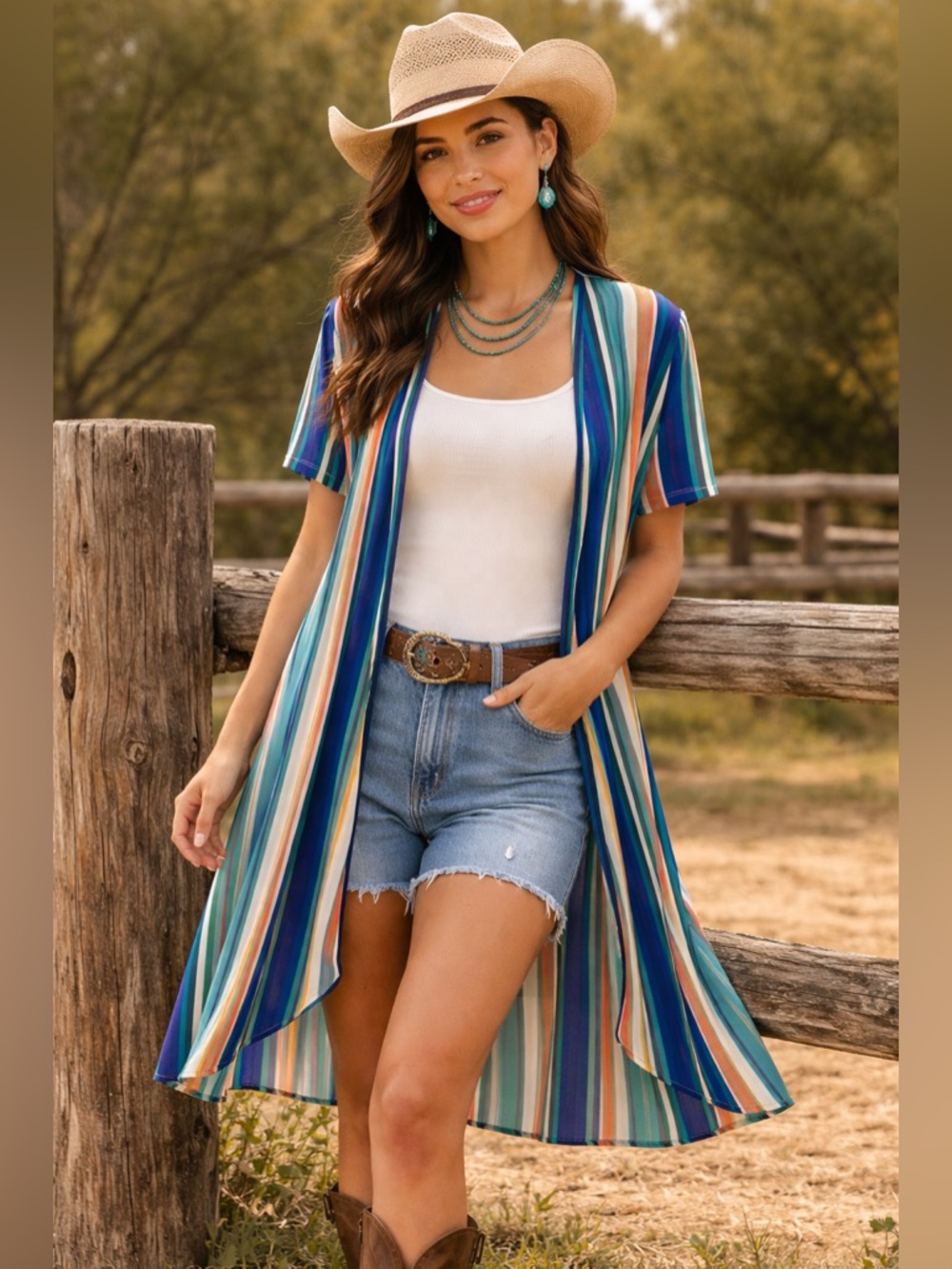 Grace & Emma Vertical Stripe Duster / Kimono - Blue, Green, Orange, Teal